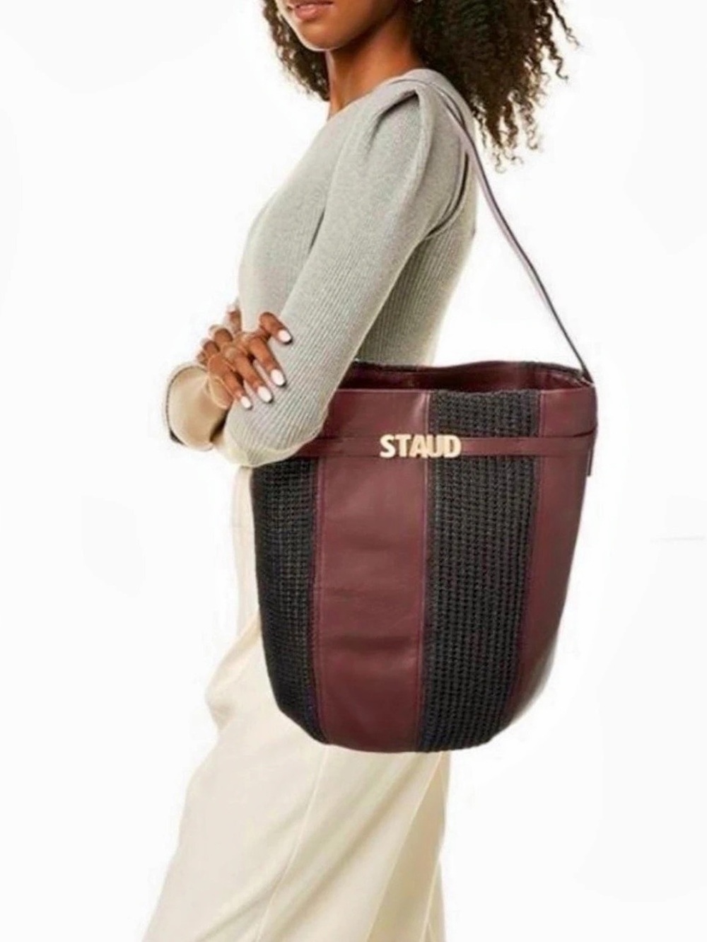 STAUD Anita Crochet Bucket Bag Brown & Black Tote Bag